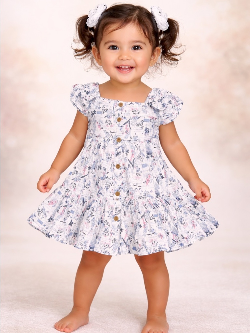 Floral Button-Front Girls' Dress - Blue & Pink
